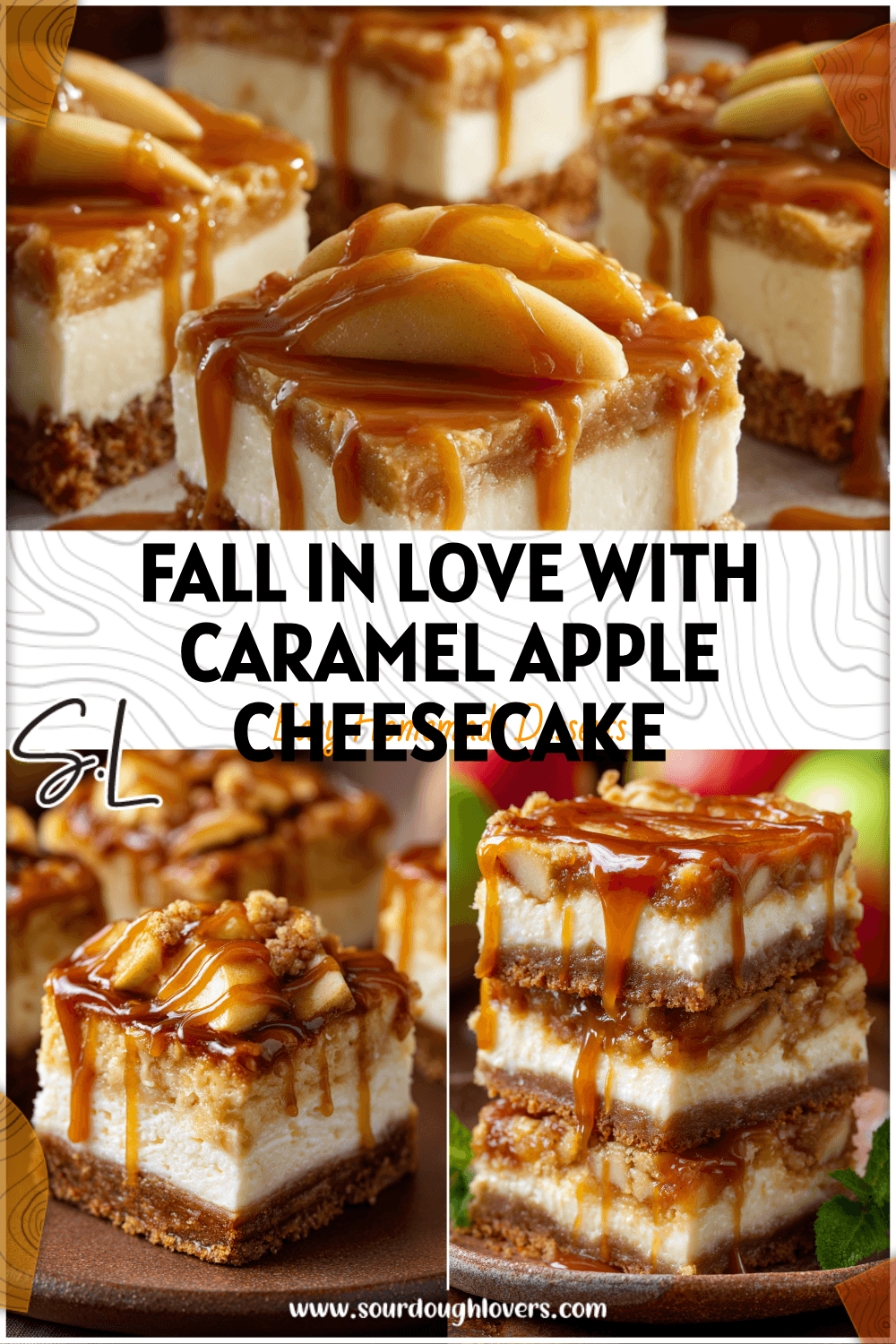 Golden Caramel Apple Cheesecake Bars with caramel drizzle and creamy cheesecake layers on a rustic plate.